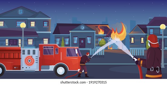 Firefighters city flat composition with town landscape with burning living house and truck with water stream vector illustration