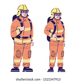 Firefighters couple flat vector characters. Professional fireman and firewoman in protective uniform cartoon illustration with outline. Fire department workers, rescuers isolated on white background