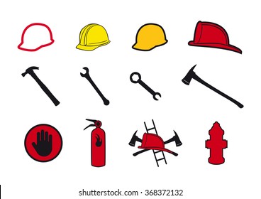 Firefighters and craftsmen tools icon set vector. Tools and protective equipment for safe work icon set on a white background. Protective elements