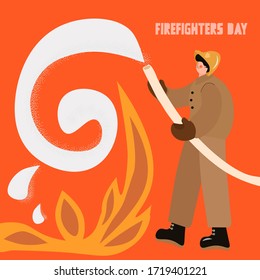 Concepto colorido vectorial del día de los bomberos. Un bombero uniformado extingue un incendio con una manguera de espuma.