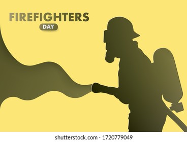 Firefighters day vector flat colorful concept. A fireman in uniform extinguishes a fire with a foam hose.