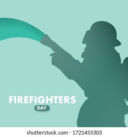 Firefighters day vector flat colorful concept. A fireman in uniform extinguishes a fire with a foam hose.