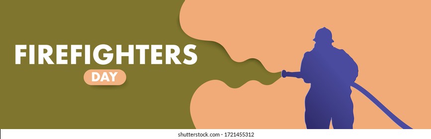 Firefighters day vector flat colorful concept. A fireman in uniform extinguishes a fire with a foam hose.