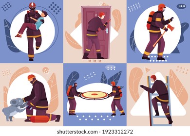 Diseño de seis composiciones de bomberos con personajes que combaten el fuego y salvan vidas de personas ilustraciones vectoriales