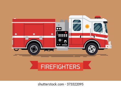 Firefighters design element. Cool vector emergency vehicle fire engine truck in trendy flat design