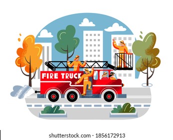 Firefighters driving in firetruck to emergency. Brigade in uniforms hurrying to rescue people from fire. Fire department team vector illustration. Firefighting car on road in city.