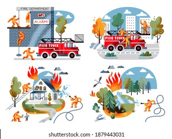 Firefighters emergency set. Rescuing people from burning house, fire in forest. Fire department emergency vector illustration. Man driving in firetruck to help from station.