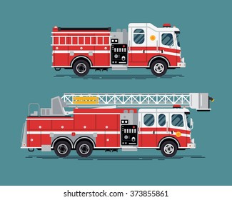 Firefighters emergency vehicles. Cool vector emergency vehicles fire engine trucks featuring telescopic ladder tower platform truck in trendy flat design