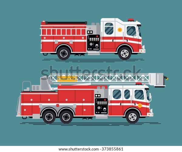 Firefighters emergency vehicles. Cool vector\
emergency vehicles fire engine trucks featuring telescopic ladder\
tower platform truck in trendy flat\
design