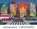 Firefighters with engine fire truck extinguish civil house in town. Natural Disaster concept cartoon vector illustration.