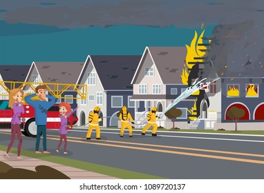 Firefighters With Engine Fire Truck Extinguish Real Estate House At Town. Cartoon Character Of Family Take Safety Of Flame. Insured Event Concept.