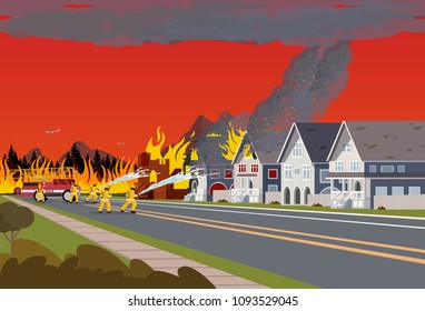 Firefighters with Engine Fire Truck Extinguish Real Estate House in Town by Water and Helicopter. Concept of Natural Disaster by Forest Fire. 