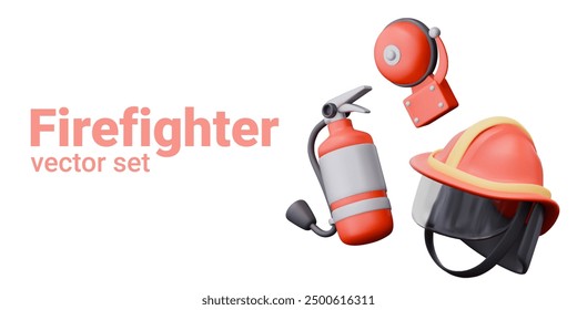 Firefighters equipment and accessories. Realistic rescuer helmet, fire alarm, extinguisher