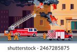 Firefighters extinguish burning building. Fireman put out flame in house rescuing people, fire fighting department firefighter truck at fired home flames vector illustration of firefighter emergency