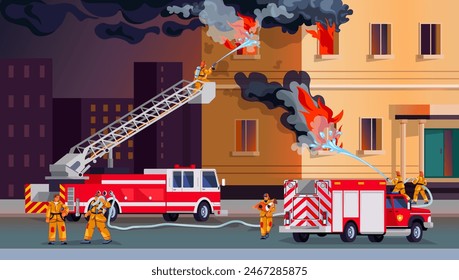 Firefighters extinguish burning building. Fireman put out flame in house rescuing people, fire fighting department firefighter truck at fired home flames vector illustration of firefighter emergency