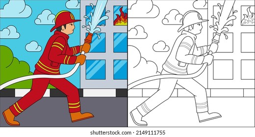 Firefighters extinguish the burning building suitable for children's coloring page vector illustration