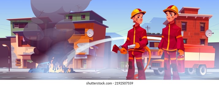 Firefighters Extinguish Burning Car On City Street. Truck Fight With Fire Pouring Water On Flame At House Yard. Rescuers Wearing Uniform And Helmets Holding Hose And Axe, Cartoon Vector Illustration