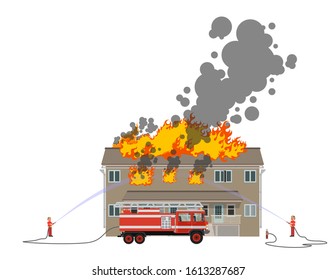 Firefighters extinguish a burning house. Vector illustration. Isolated on a white background.