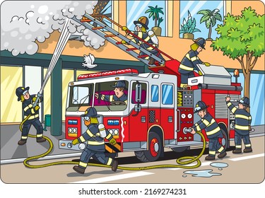 Los bomberos extinguen un incendio en un edificio al lado de un camión de bomberos. Ilustración vectorial infantil. Motor de fuego