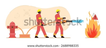 Firefighters extinguish a fire by using a hydrant pillar system from water source 