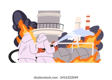 Firefighters extinguish fire with gear, equipment. Fighting with emergency, industrial accident. Firemen in uniform put out flame in factory buildings. Flat isolated vector illustration on white