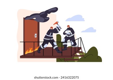 Firefighters extinguish fire with gear, equipment. Firemen in safety uniform breaking door with axe. Flame, smoke in house, building. Emergency accident. Flat isolated vector illustration on white