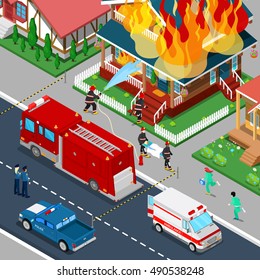 Firefighters Extinguish a Fire in House Isometric City. Fireman Helps Injured Woman. Vector 3d Flat illustration