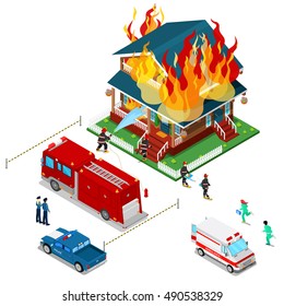 Firefighters Extinguish a Fire in House Isometric City. Fireman Helps Injured Woman. Vector 3d Flat illustration