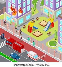 Firefighters Extinguish a Fire in House Isometric City. Fireman Helps Injured Woman. Vector 3d Flat illustration
