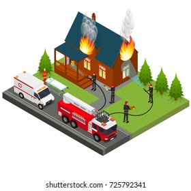 Firefighters Extinguish Fire at House Isometric View Emergency Service Protection Concept. Vector illustration of Firemans Quench Flame at Home