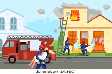 Firefighters extinguish fire. Rescuers pulling victims out of burning houses. Emergency workers in protective uniform fighting flame with hose. Fireman carries woman. Vector concept