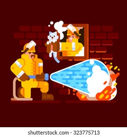 Firefighters extinguish a house and save a kitten. Vector flat illustration.