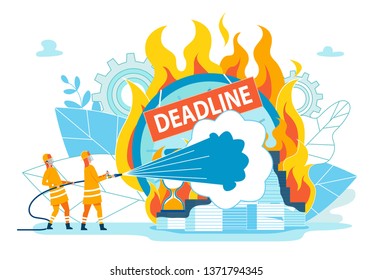 Firefighters Extinguish Inscription Deadline. Habit Disrupting Timing due Lack Consequences or Punishment. Close-up Pile Papers and Hourglasses Burning with Strong Flame. Vector Illustration.