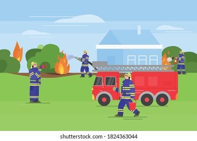 Firefighters extinguish a outdoor fire. Firemen in uniform use extinguisher and water from hose and bucket to extinguish the fire around house. Vector flat illustration