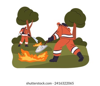 Firefighters extinguish wildfire, fighting with emergency. Professional fireman cover fire with sand. People put up flame in forest with equipment, shovel. Flat isolated vector illustration on white