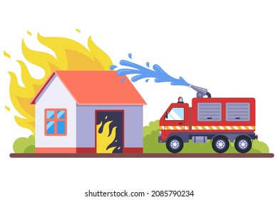 firefighters extinguish a wooden burning house. fire hose with water. flat vector illustration.