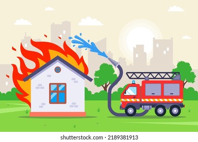firefighters extinguish a wooden burning house. fire hose with water. flat vector illustration.
