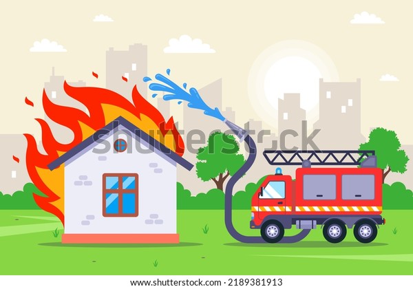 firefighters extinguish a wooden\
burning house. fire hose with water. flat vector\
illustration.