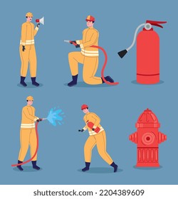 bomberos con extintores e hidrantes