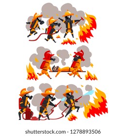 Firefighters extinguishing fire and helping people, firemen characters in uniform and protective masks at work vector Illustration on a white background