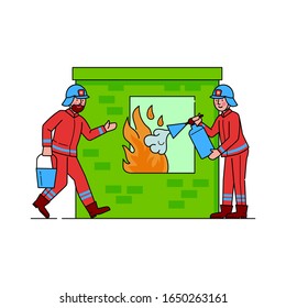 Firefighters extinguishing flame through window. Firemen watering ignition flat vector illustration. Firefighting emergency service concept. Professional aid from people in uniform doing job
