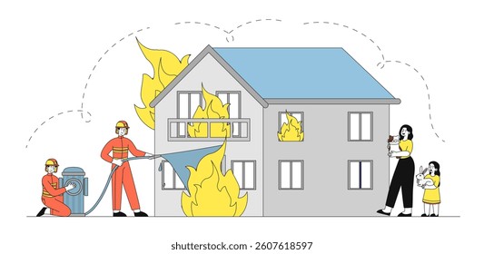 Firefighters extinguishing flames on a burning residential house while a woman and child safely evacuate with pets, minimal style, white background. Concept of fire safety. Vector illustration