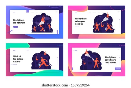 Firefighters Fighting with Blaze Website Landing Page Set. Male Characters in Protective Uniform Spraying Water on Burning House. Fireman Profession Web Page Banner. Cartoon Flat Vector Illustration