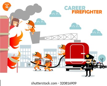 Firefighters Fighting Building On Fire And Rescuing Woman Who Stuck In There,firefighters Career Concept Design