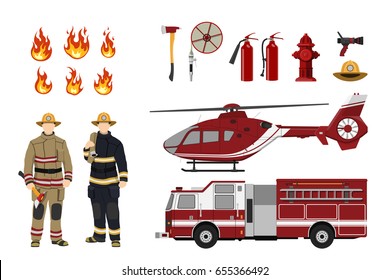 Firefighters and fire fighting equipment on a white background. Helicopter and fireman's car. Icons of flame and items. Vector illustration