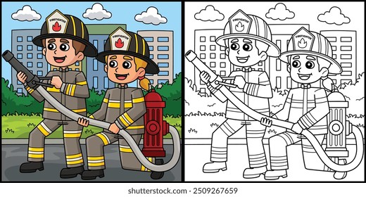 Firefighters Fire Hydrant Coloring Illustration