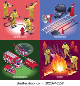 Firefighters, fire rescue equipment and tools 2x2, isometric icons isolated background