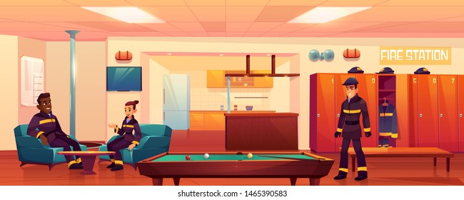 Firefighters in fire station recreation room interior, people relaxing in place for leisure with steel pole, billiard table, kitchen area, armchairs, tv, lockers, signaling. Cartoon vector Illustration