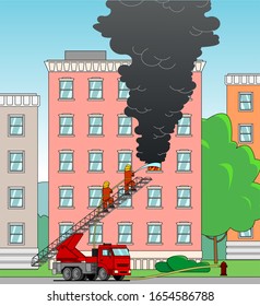 Firefighters with a fire truck extinguish a house. Firefighters stand on the stairs of a fire engine, extinguish a fire from a fire hose through a window. Smoke from the window of apartment building.