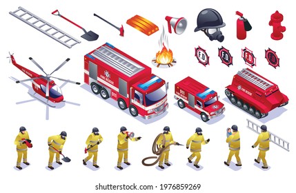 Firefighters, fire trucks, fire fighting helicopter and firemen tools Set isometric icons on white isolated background